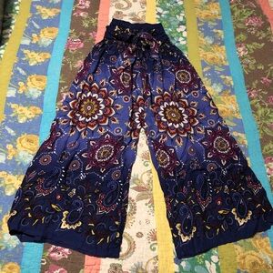 Navy blue paisley print harem wide leg pants with tie waist